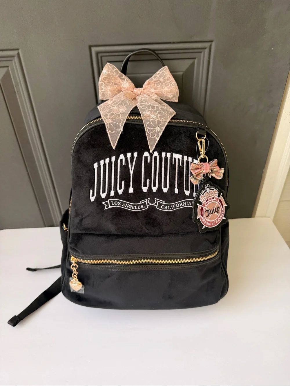 Juicy Couture Black Backpack with Pink Lace Bow and Charm